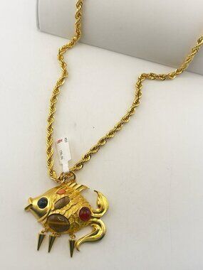 Vintage Fish Necklace Sea Multi Gem Carnelian Cabochon Saks 5th Ave 80s Ro-Do